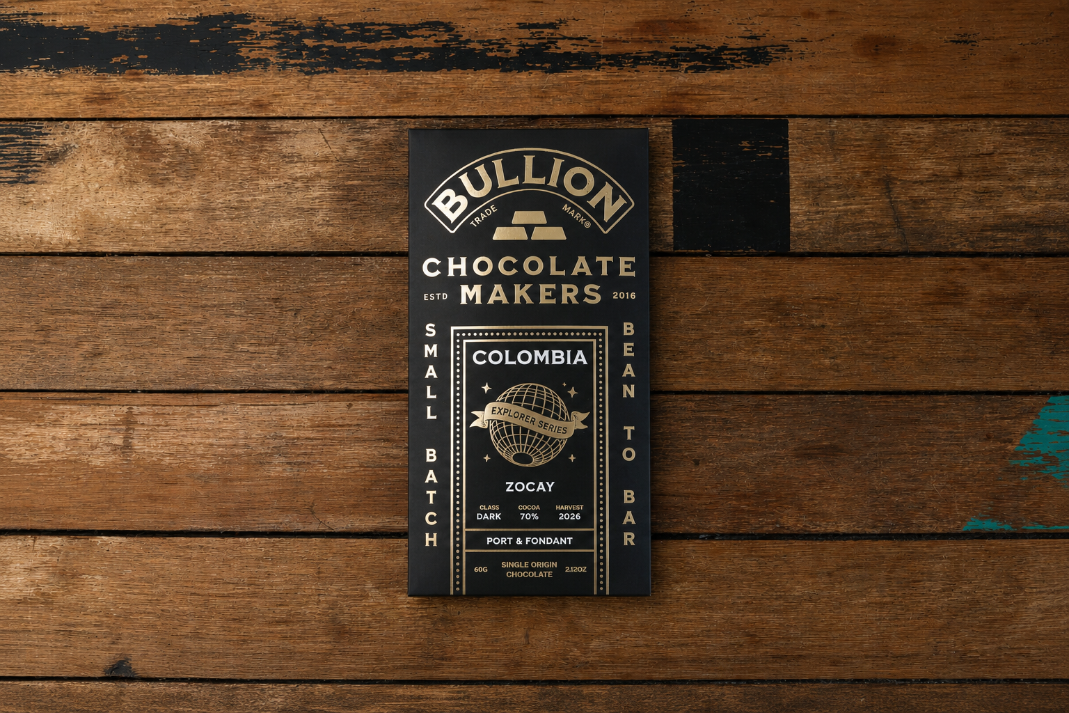 Colombia bean-to-bar craft chocolate dark bar.