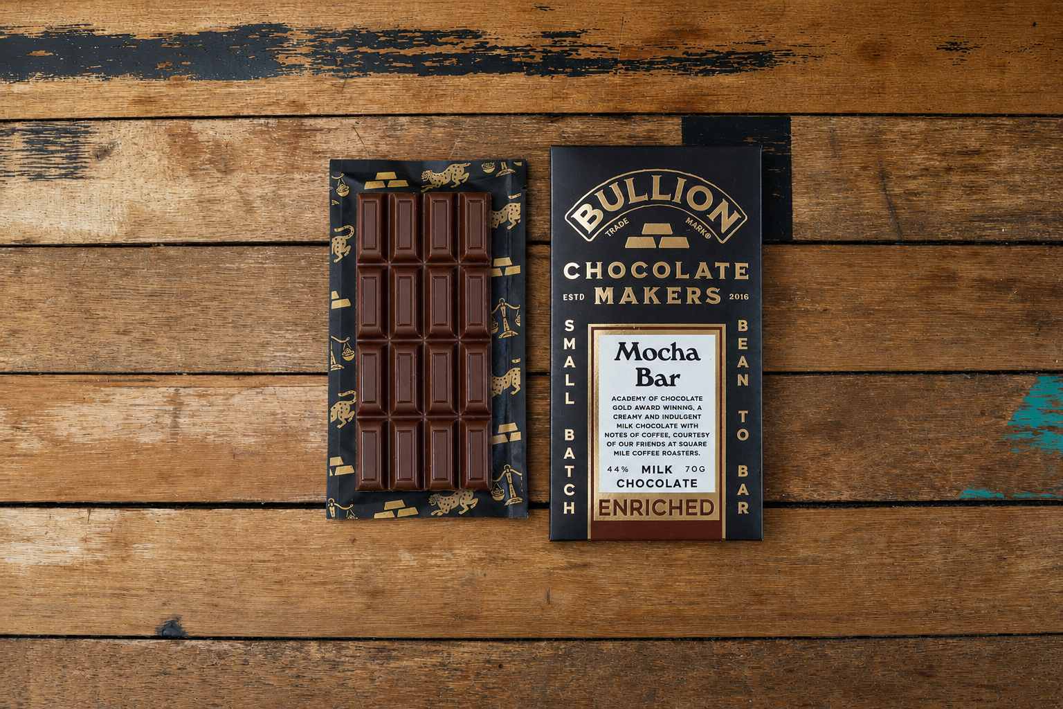 Bullion Mocha Bar bean-to-bar milk chocolate with coffee notes.