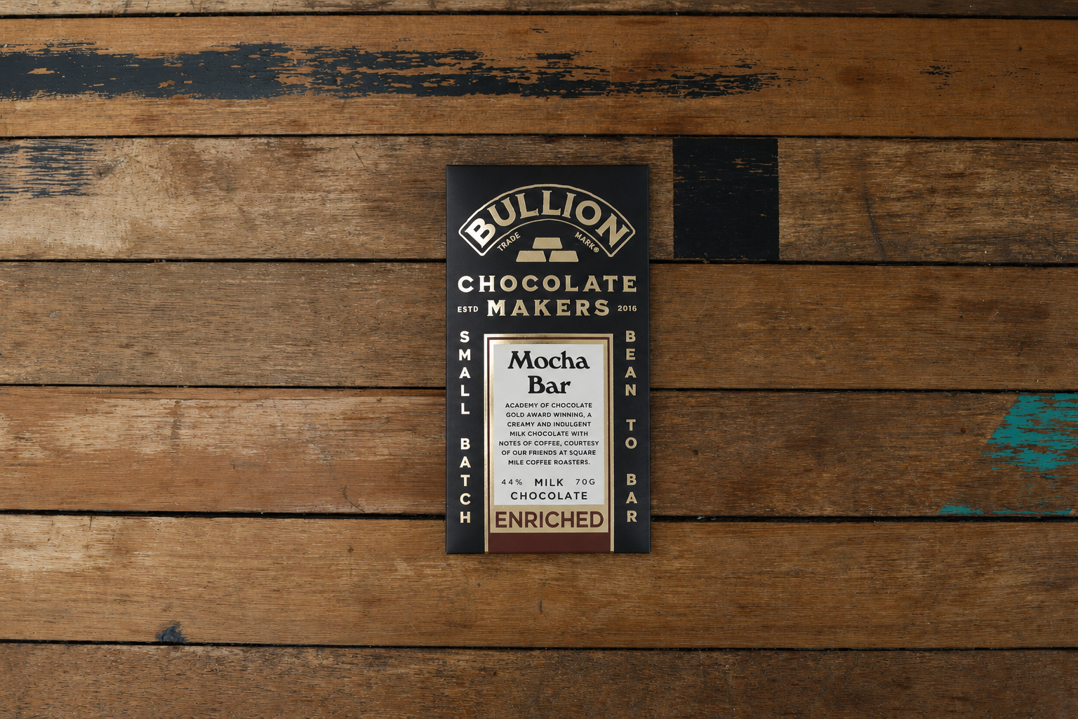 Bullion Mocha Bar bean-to-bar milk chocolate with coffee notes.